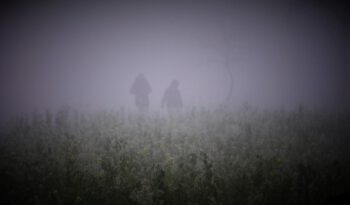 Zwei Gestalten laufen durch den Nebel.